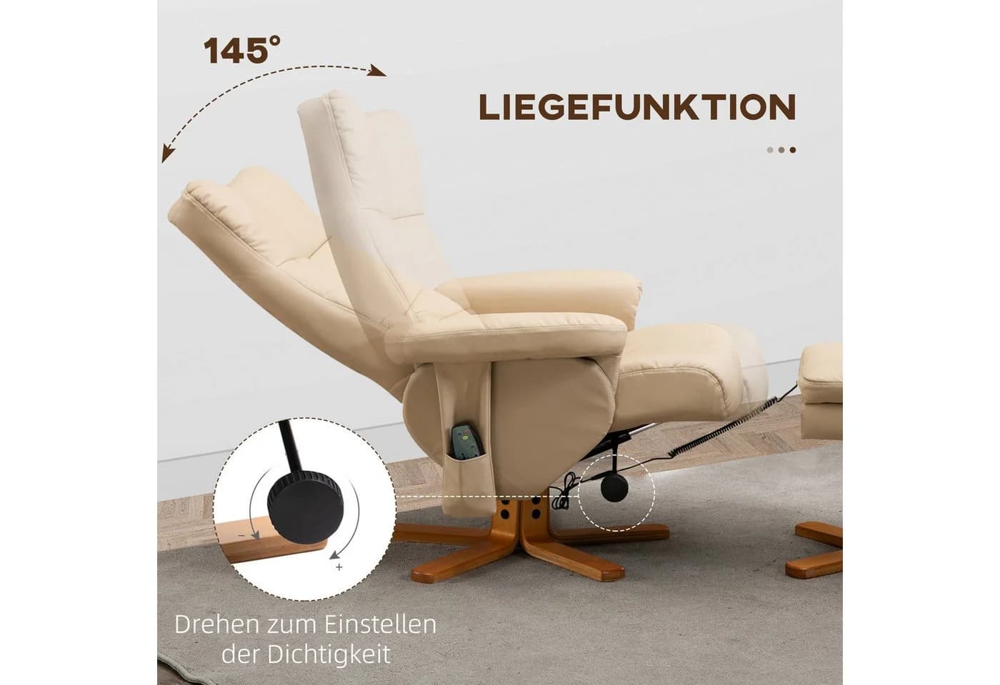 HOMCOM Massagesessel Fernsehsessel mit Fußhocker Kunstleder Cremeweiß - Bild 5