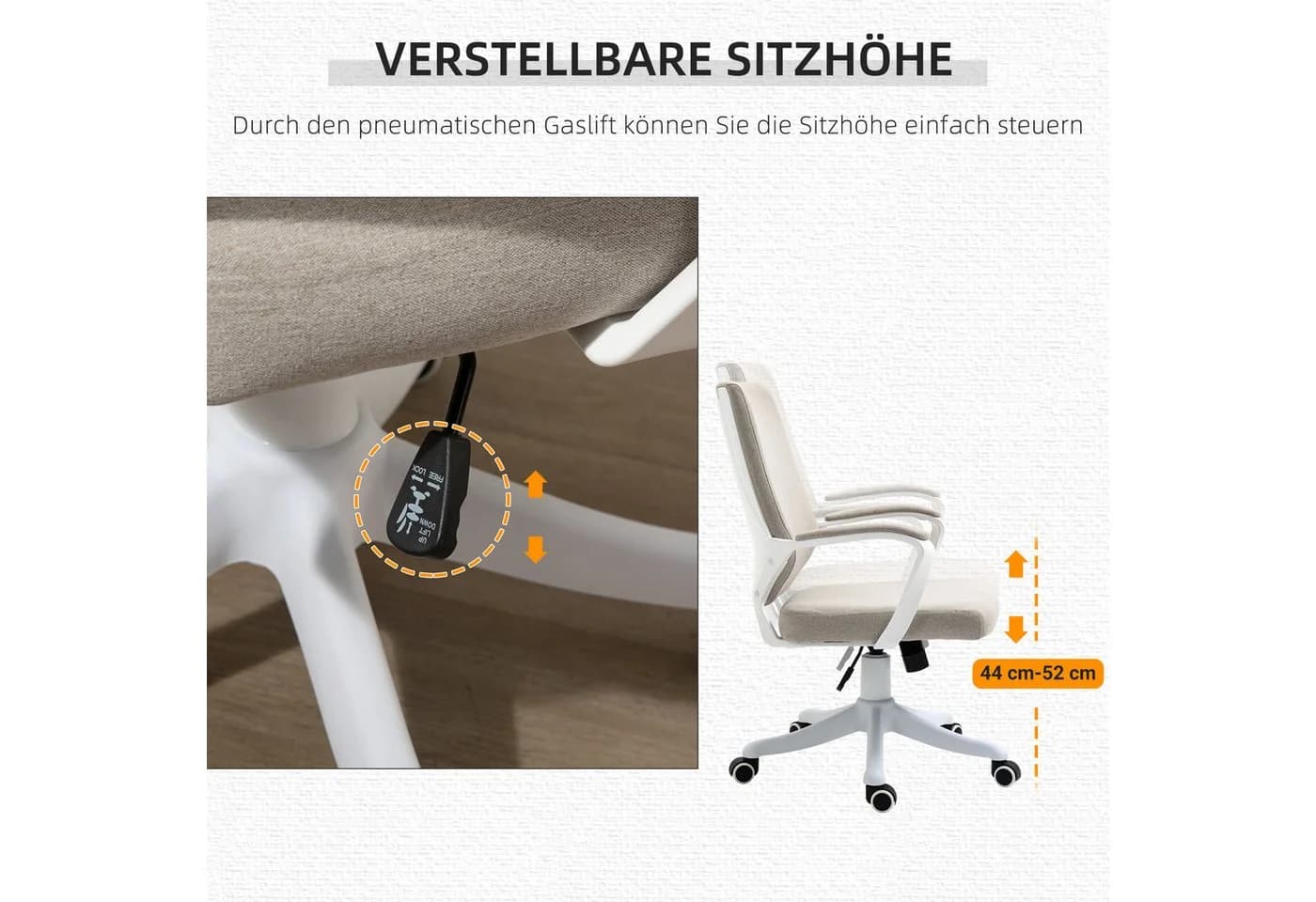 Vinsetto Schreibtischstuhl mit Wippfunktion, höhenverstellbar, Beige/Weiß - Bild 4