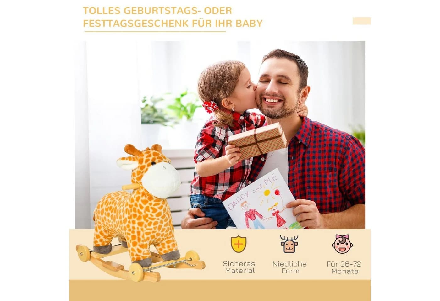 HOMCOM Schaukeltier 2-in-1 Schaukelpferd mit Rädern Plüsch Gelb - Bild 4
