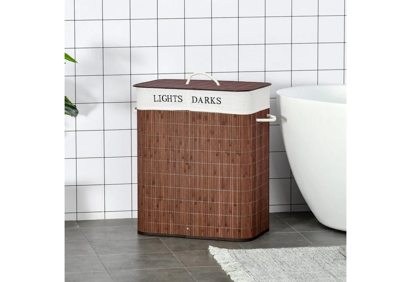 HOMCOM Wäschekorb 100L 2 Fächer Braun Weiß Bambus Metall - Bild 2