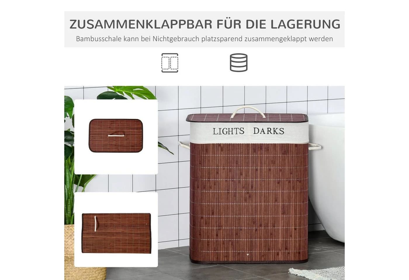 HOMCOM Wäschekorb 100L 2 Fächer Braun Weiß Bambus Metall - Bild 5
