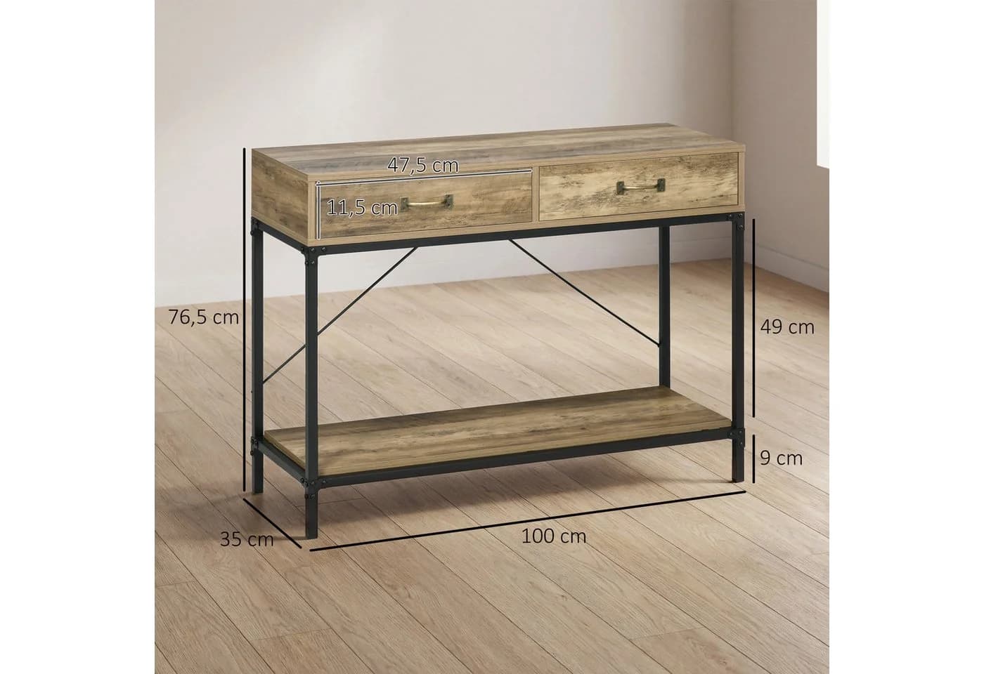 HOMCOM Konsolentisch mit 2 Schubladen und Unterregal Braun/Schwarz - Bild 3