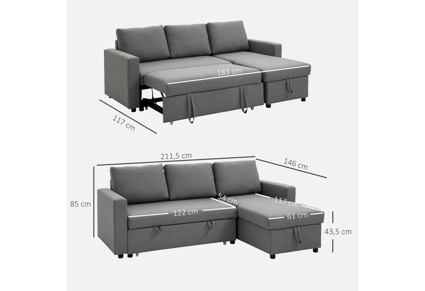 HOMCOM Ecksofa Leinen-Touch mit Schlaffunktion und Chaiselongue, L-Form, Eckcouch, Hellgrau - Bild 3