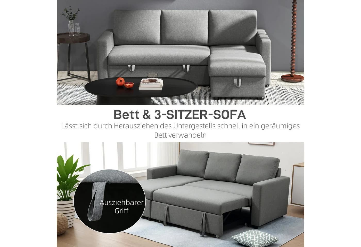 HOMCOM Ecksofa Leinen-Touch mit Schlaffunktion und Chaiselongue, L-Form, Eckcouch, Hellgrau - Bild 4
