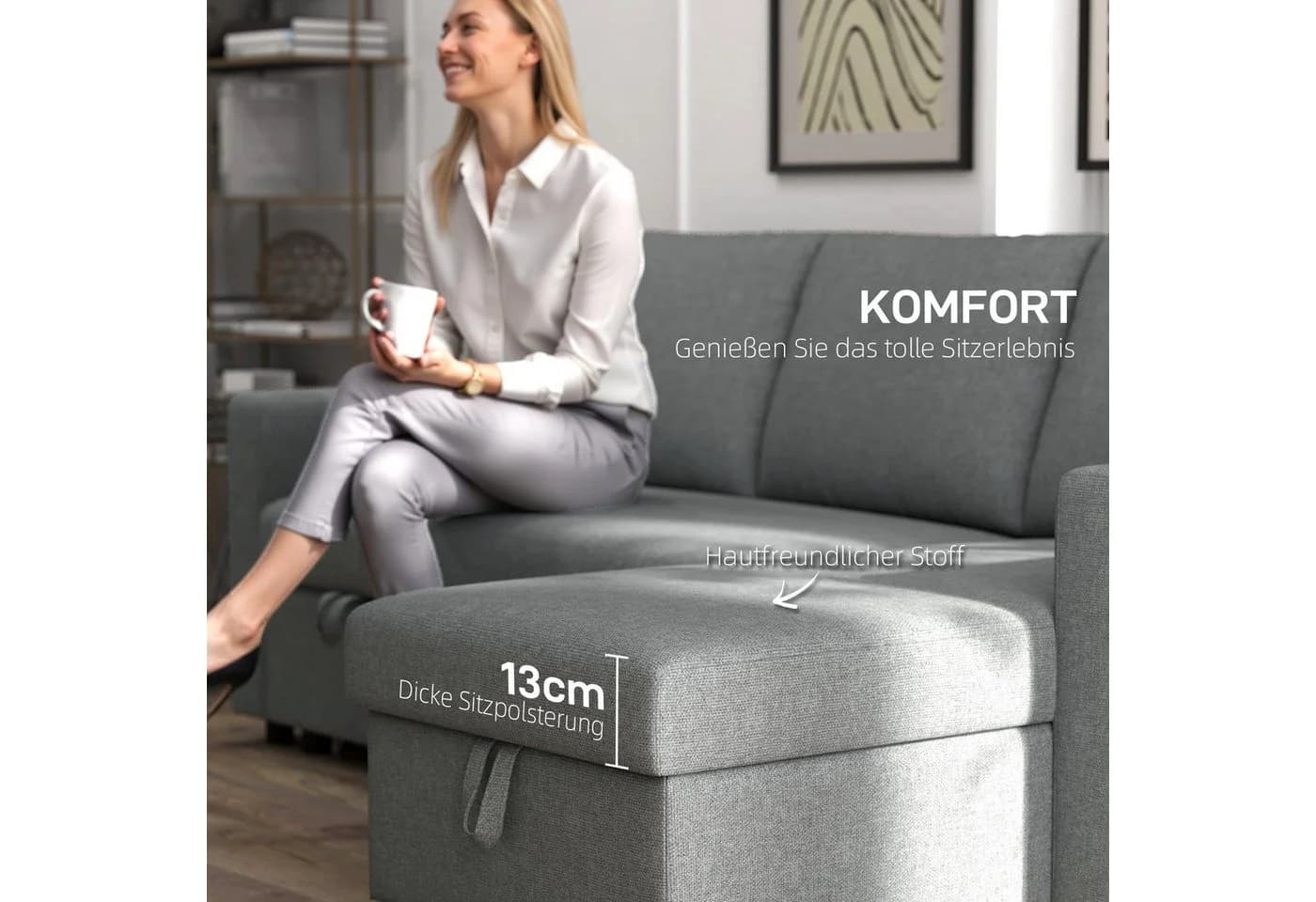 HOMCOM Ecksofa Leinen-Touch mit Schlaffunktion und Chaiselongue, L-Form, Eckcouch, Hellgrau - Bild 5