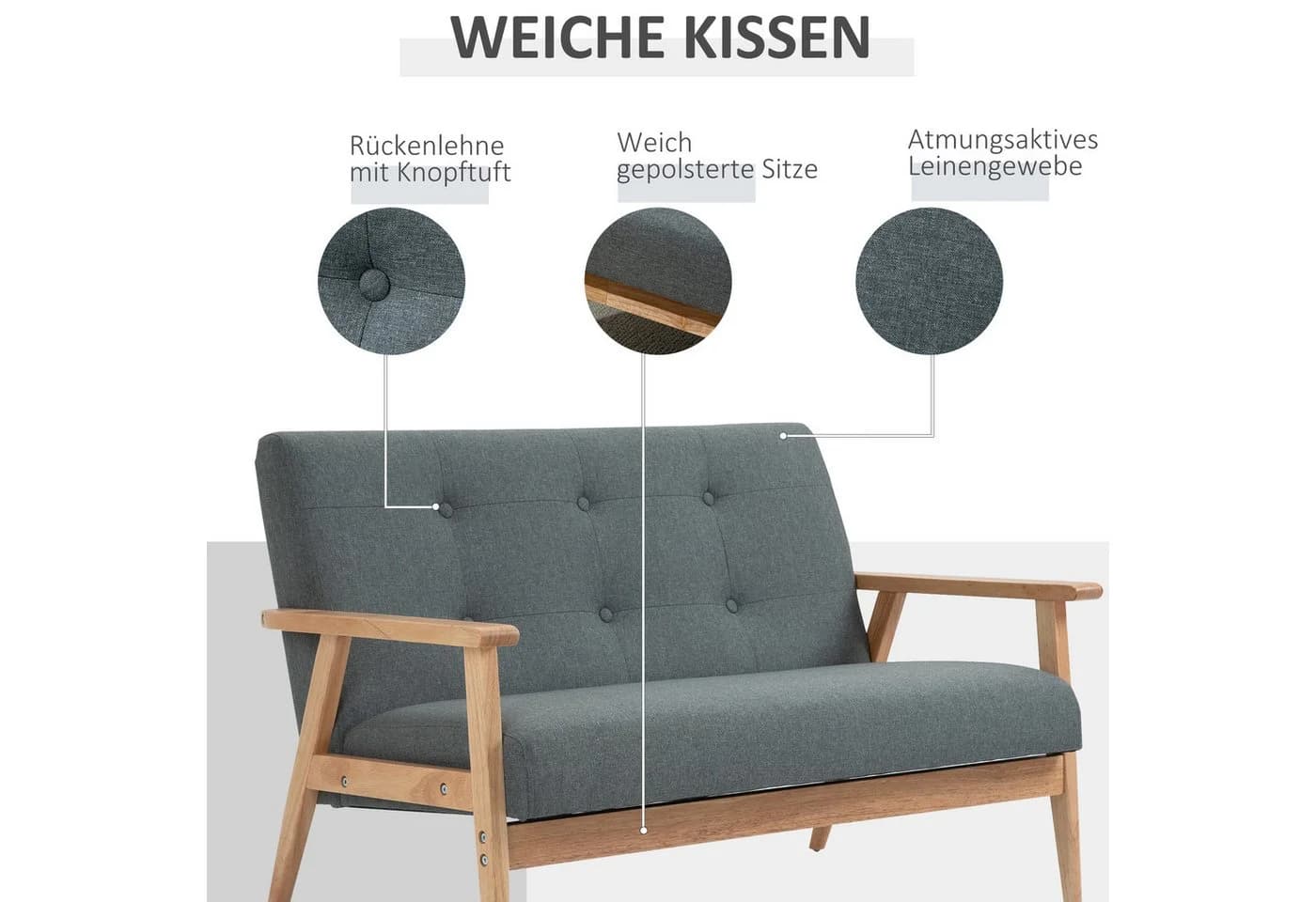HOMCOM Zweisitzer Sofa Grau Leinenoptik Gummiholz - Bild 4