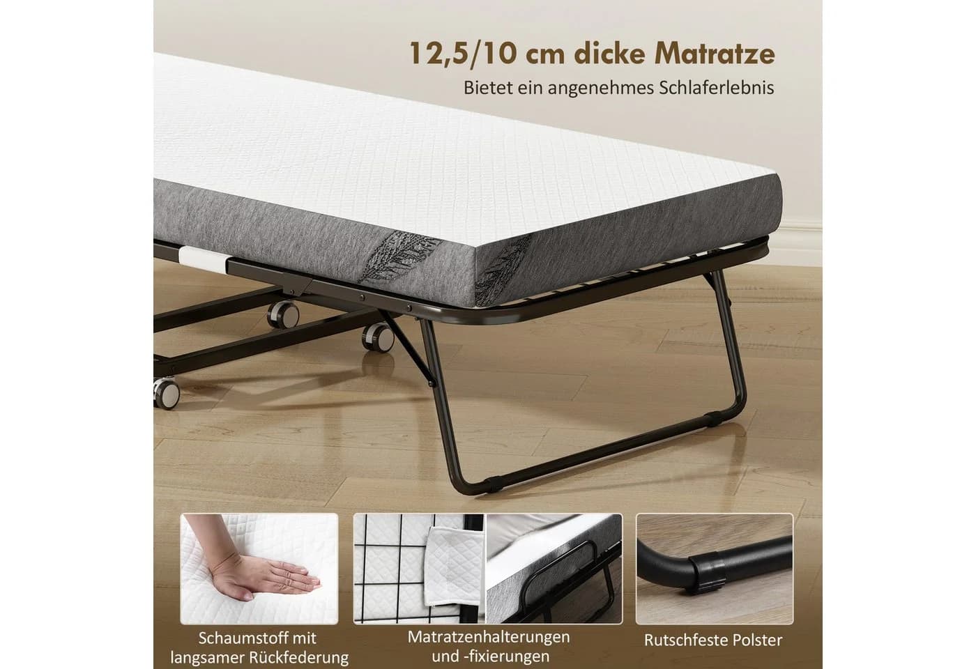 HOMCOM Gästebett Klappbett mit Rollen Weiß Schwarz - Bild 5