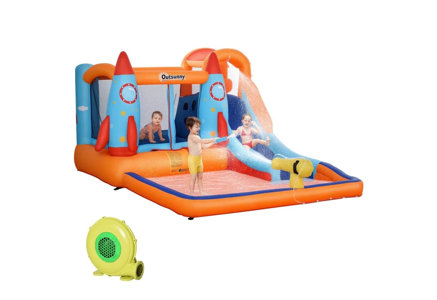 Outsunny Hüpfburg Aufblasbar mit Rutsche und Pool Bunt