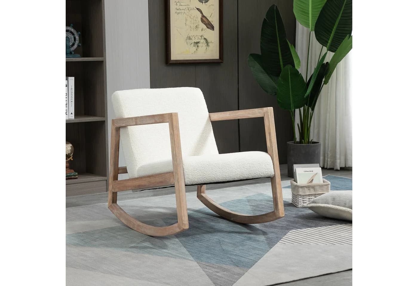HOMCOM Schaukelstuhl gepolstert Relaxstuhl mit Holzrahmen Cremeweiß - Bild 2