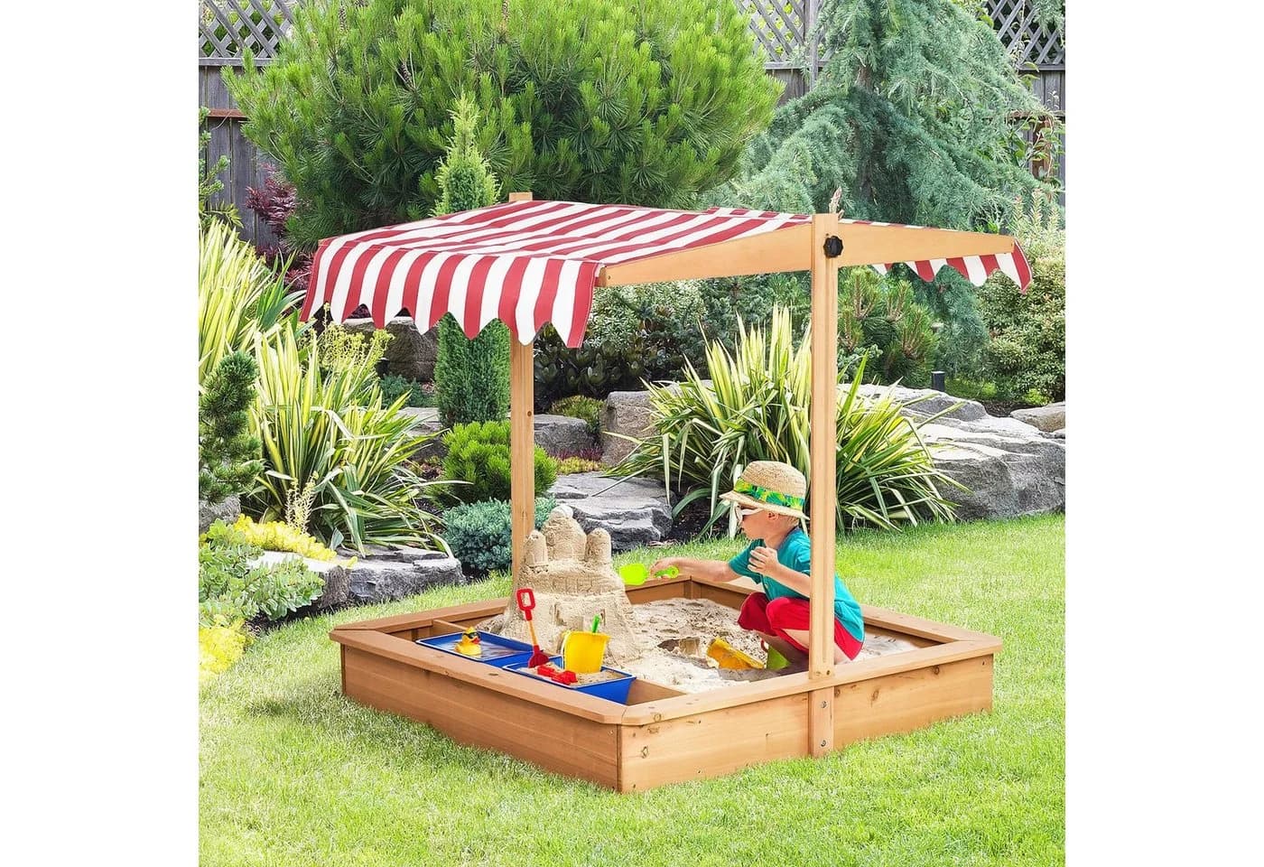 Outsunny Sandkasten mit Abdeckung Dach, Sandmuschel, 1-tlg., Sandkiste, Gelb - Bild 2