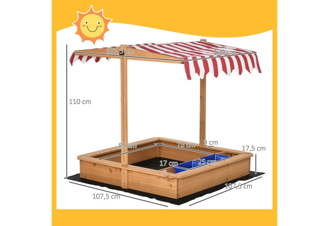 Outsunny Sandkasten mit Abdeckung Dach, Sandmuschel, 1-tlg., Sandkiste, Gelb - Bild 3
