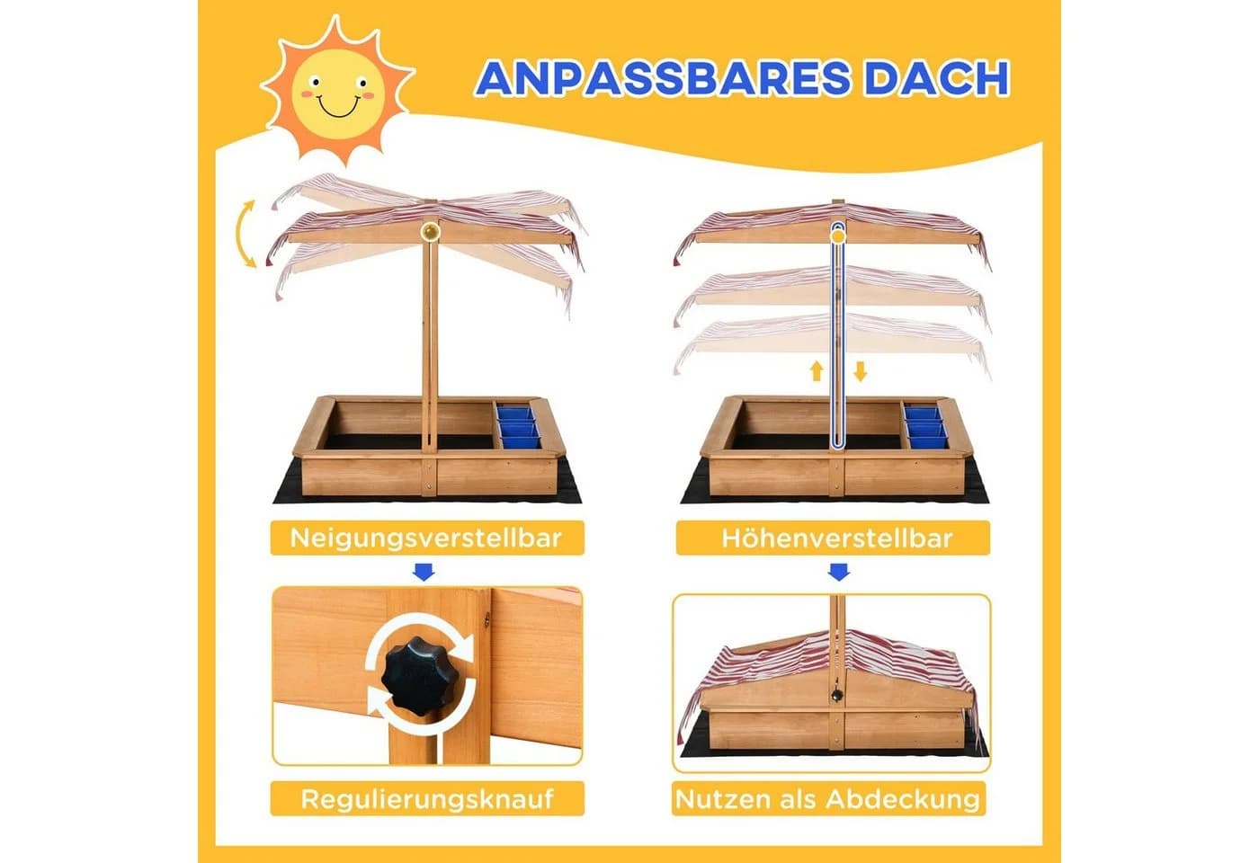 Outsunny Sandkasten mit Abdeckung Dach, Sandmuschel, 1-tlg., Sandkiste, Gelb - Bild 4
