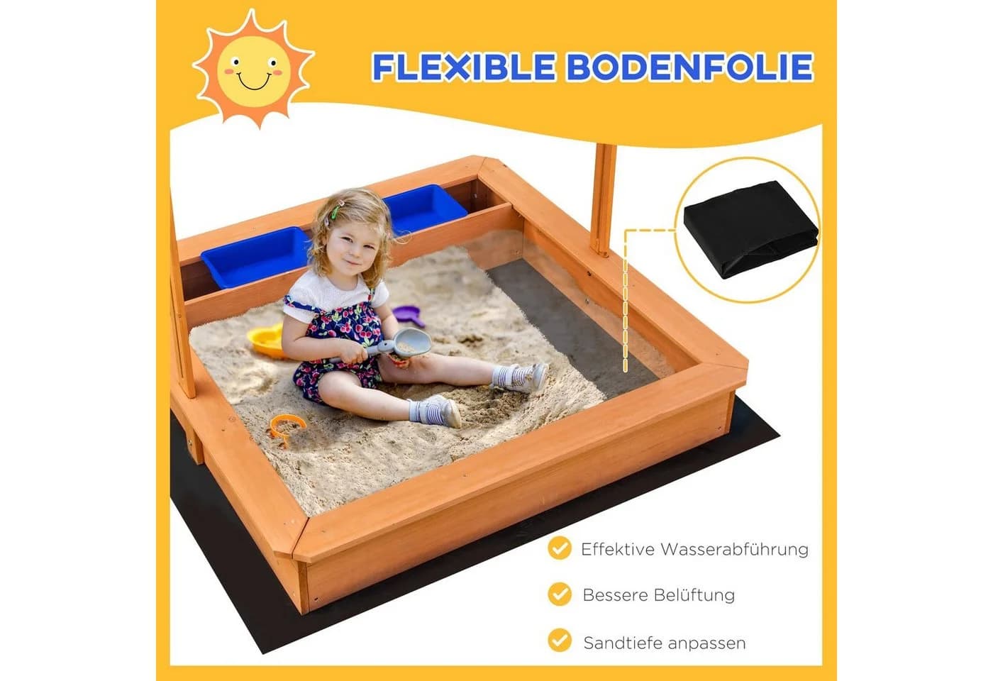 Outsunny Sandkasten mit Abdeckung Dach, Sandmuschel, 1-tlg., Sandkiste, Gelb - Bild 5