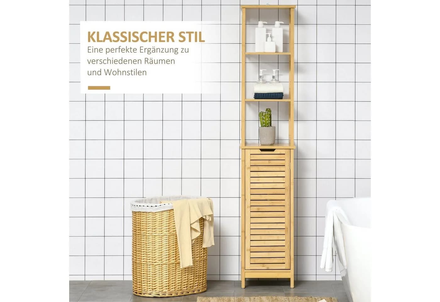 Kleankin Badschrank Bambus mit 3 offenen Fächern und 1 Schranktür - Bild 4