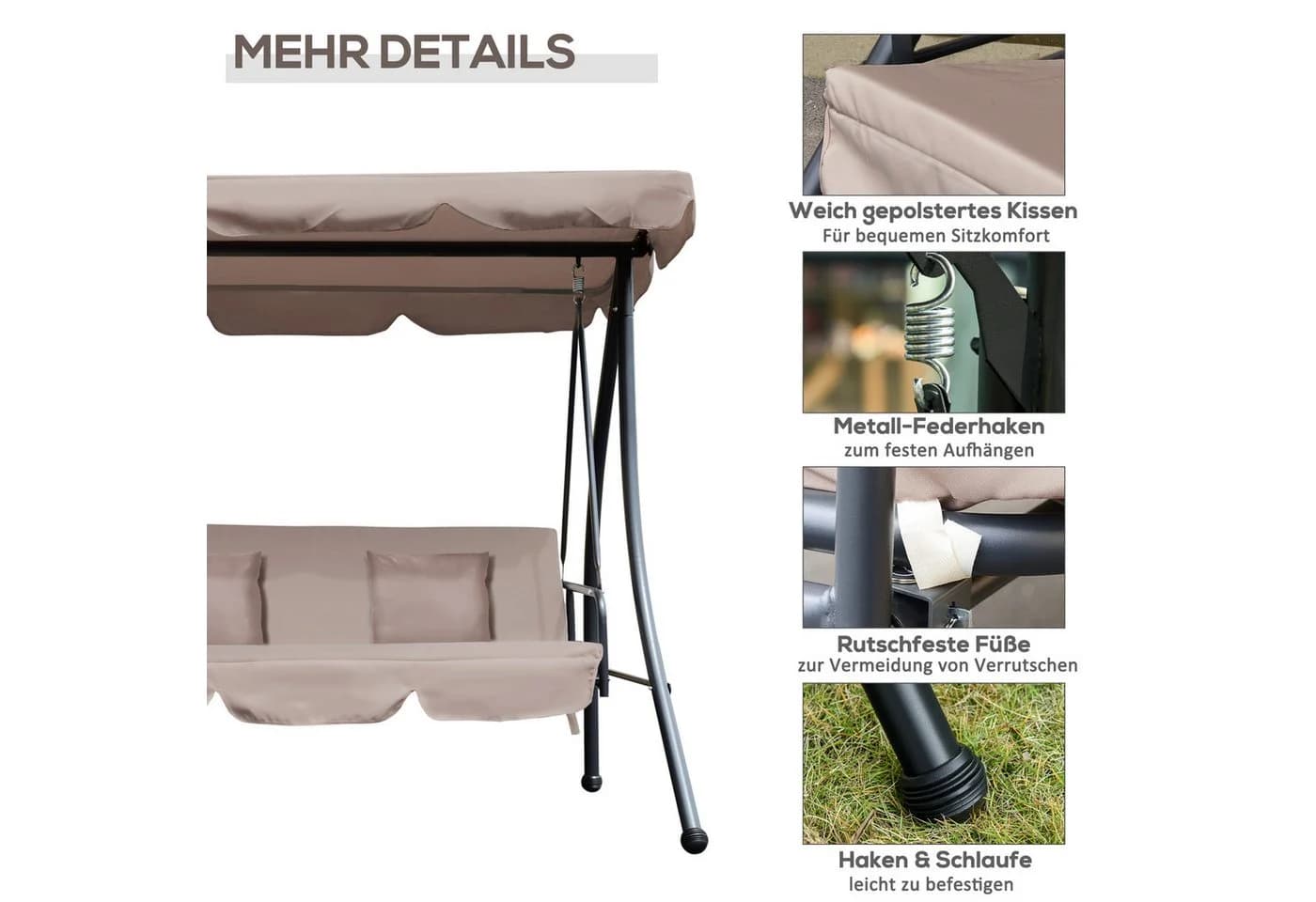 Outsunny Hollywoodschaukel 3-Sitzer mit Liegefunktion Beige - Bild 5