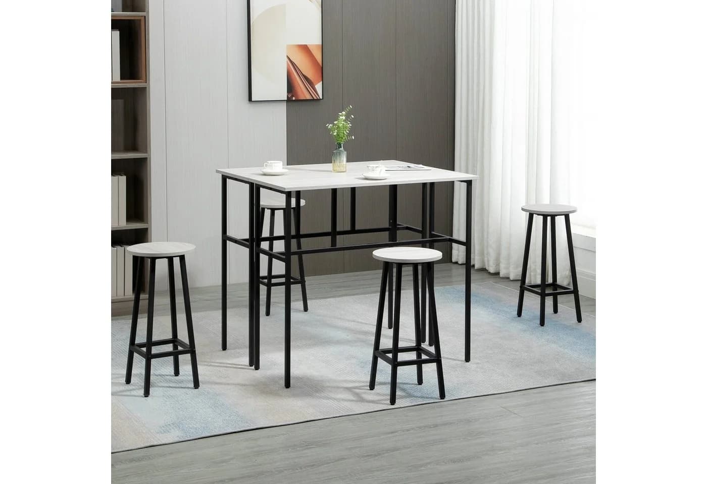 HOMCOM Bartisch-Set im Industriedesign, 6-teilig Essgruppe 2 Bartisch mit 4 Stühlen Grau, Schwarz