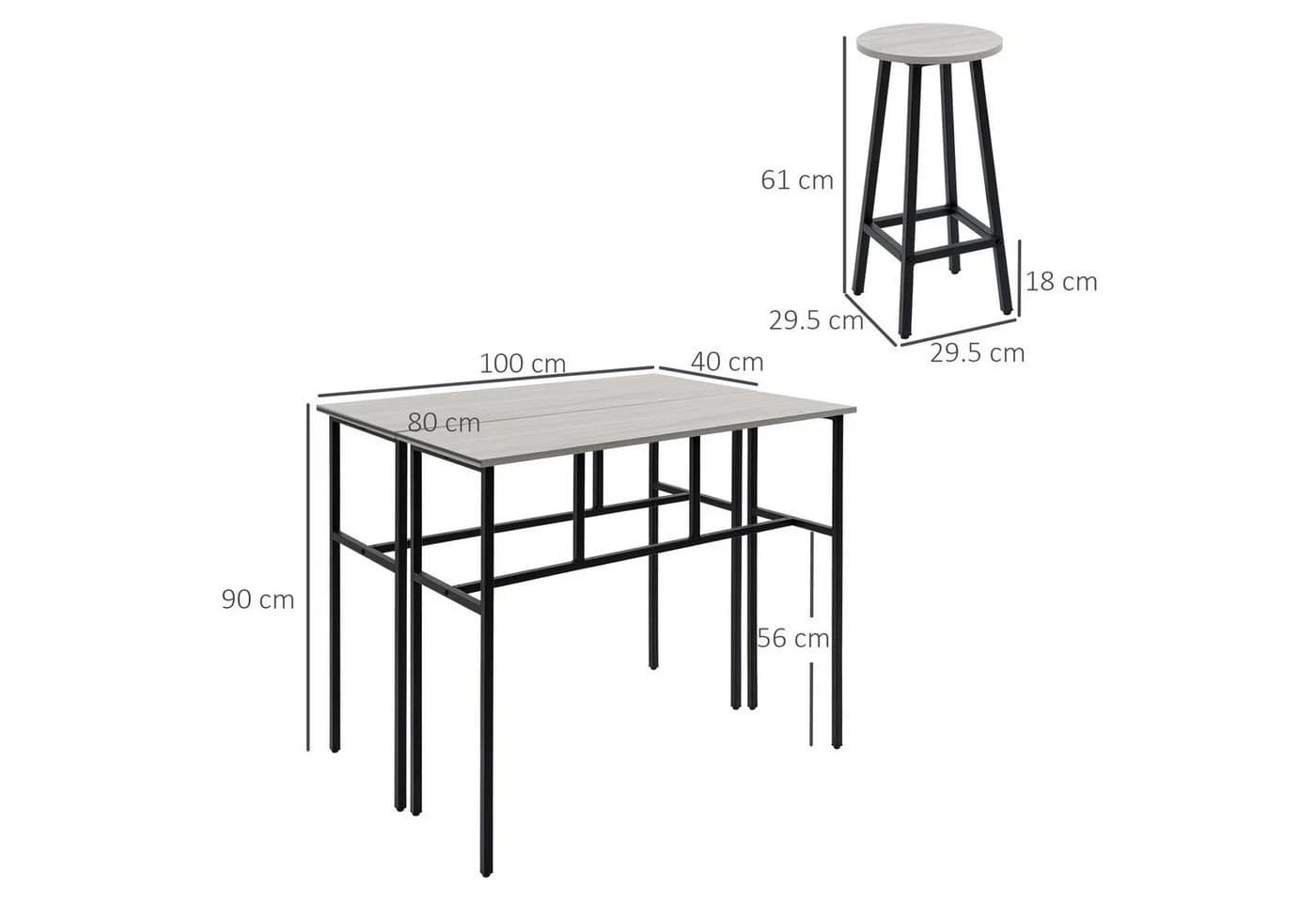 HOMCOM Bartisch-Set im Industriedesign, 6-teilig Essgruppe 2 Bartisch mit 4 Stühlen Grau, Schwarz - Bild 3