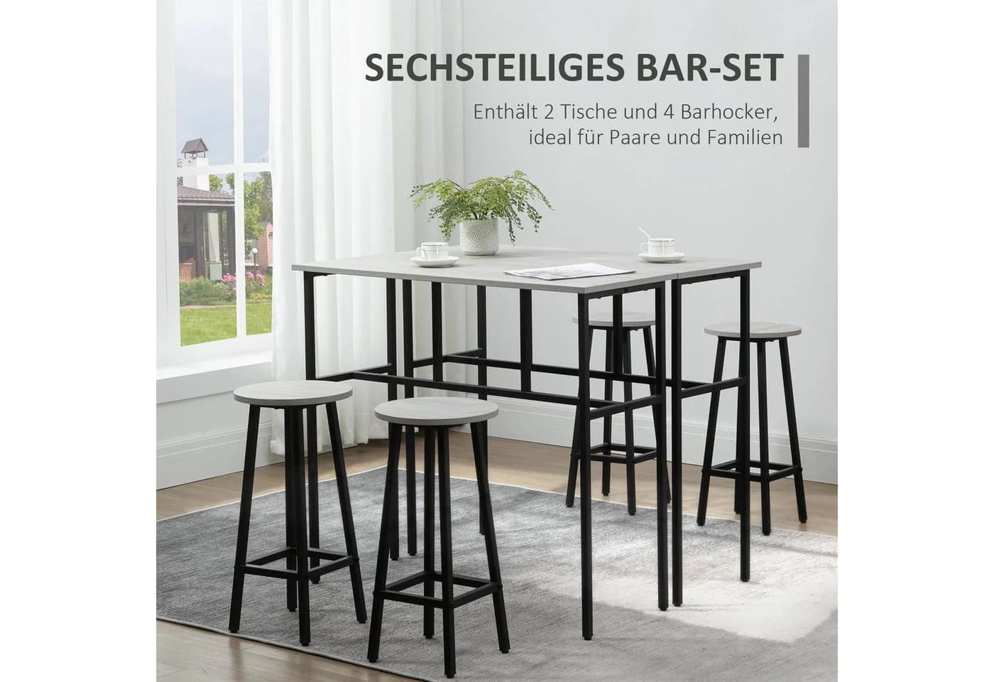 HOMCOM Bartisch-Set im Industriedesign, 6-teilig Essgruppe 2 Bartisch mit 4 Stühlen Grau, Schwarz - Bild 4