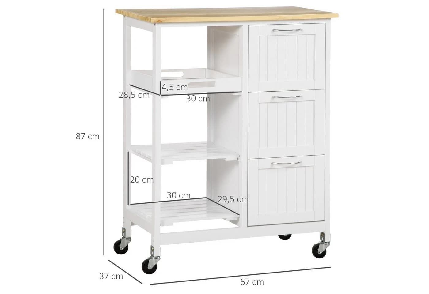HOMCOM Küchenwagen mit Schubladen und Arbeitsplatte, Weiß - Bild 3