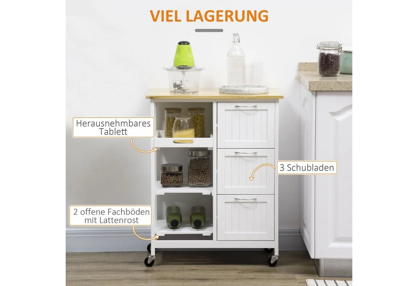 HOMCOM Küchenwagen mit Schubladen und Arbeitsplatte, Weiß - Bild 4