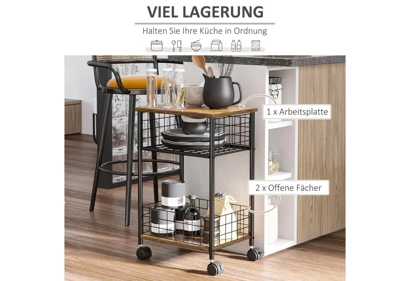 HOMCOM Küchenrollwagen Rustikal-Braun mit Arbeitsplatte und Aufbewahrungskörben - Bild 4
