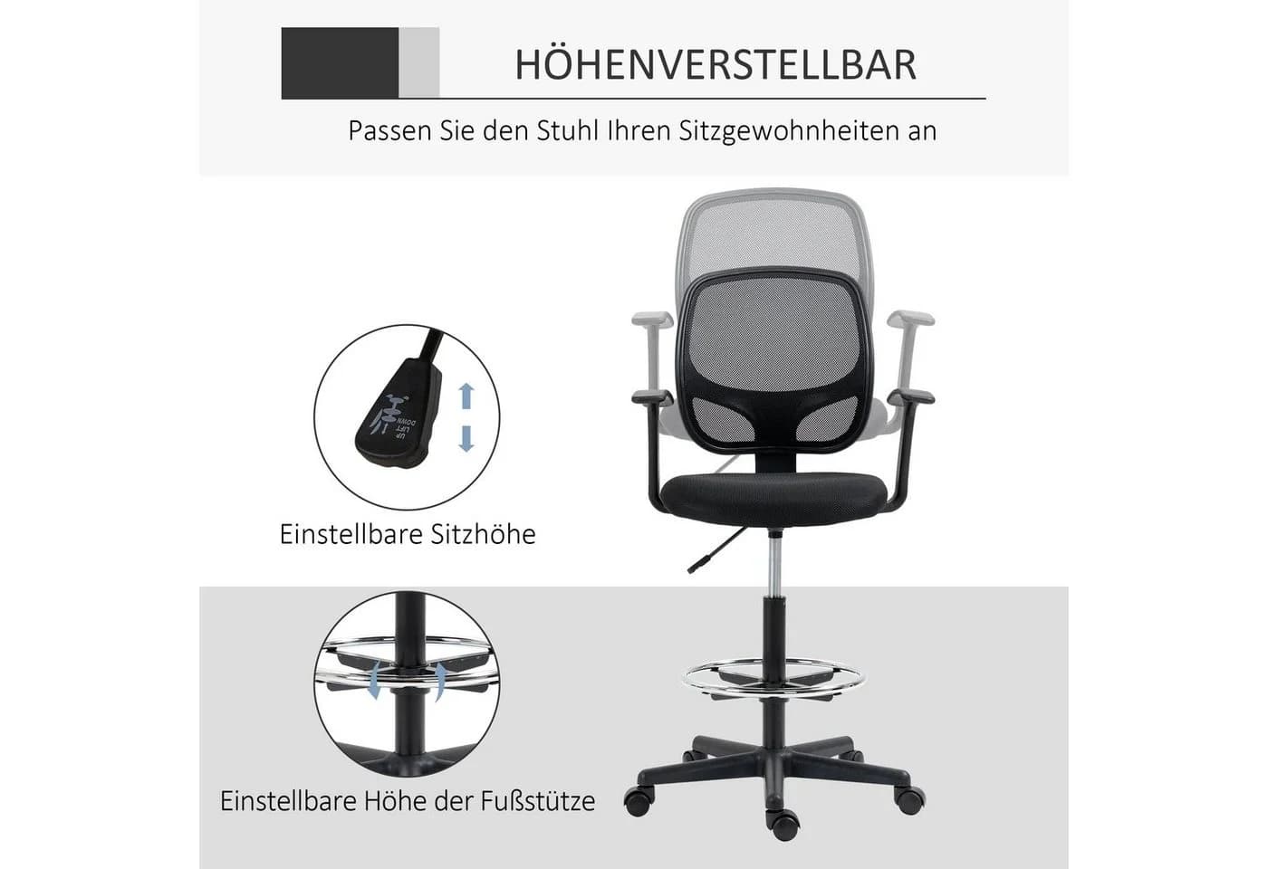 Vinsetto Ergonomischer Bürostuhl Schwarz mit Mesh-Rückenlehne und Fußstütze - Bild 4