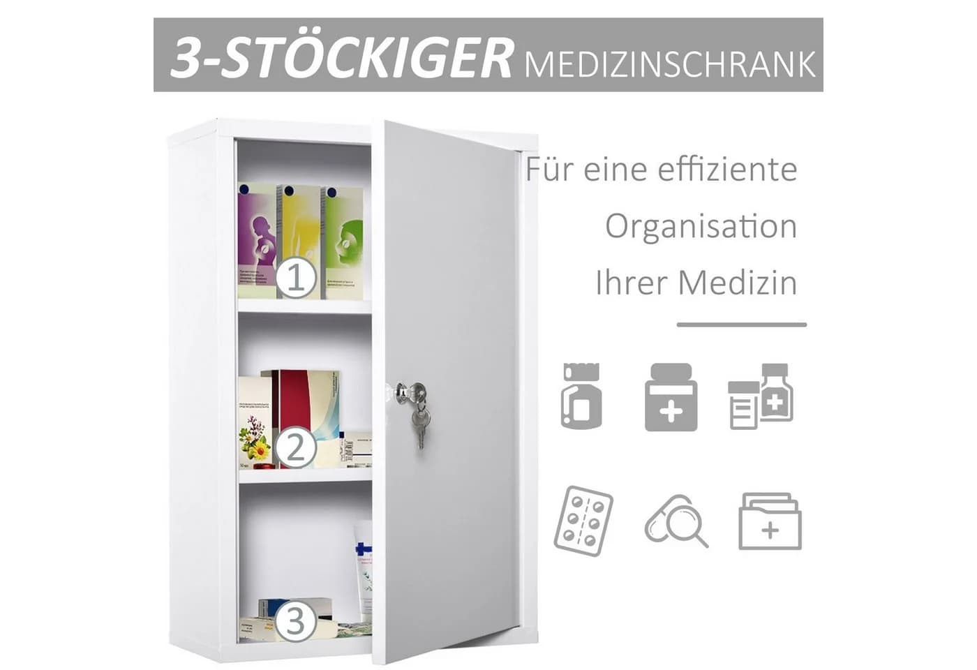 Kleankin Medizinschrank Weiß mit Schloss 3 Fächer - Bild 5