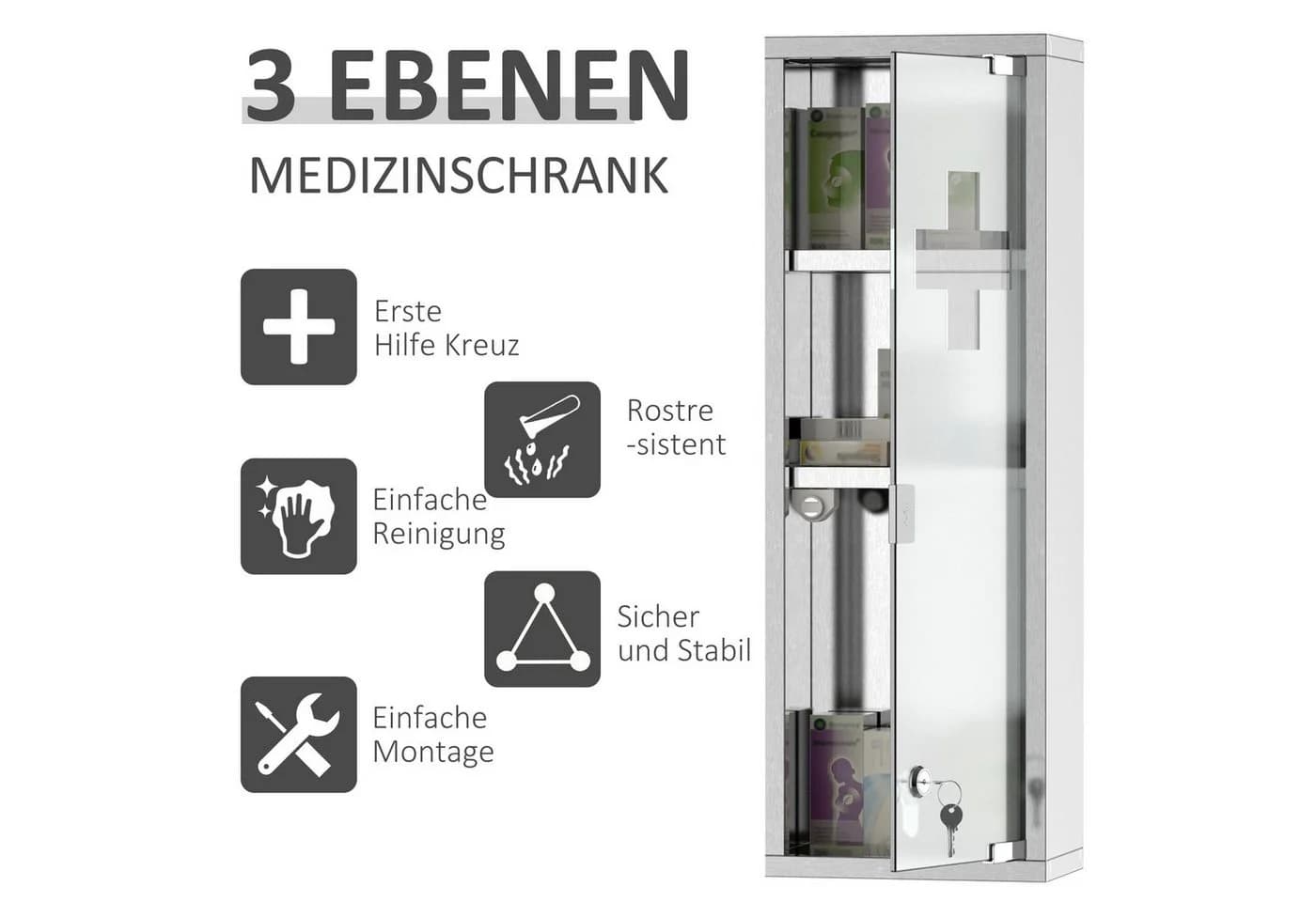 Kleankin Medizinschrank Silber mit Schloss und 3 Fächern - Bild 4