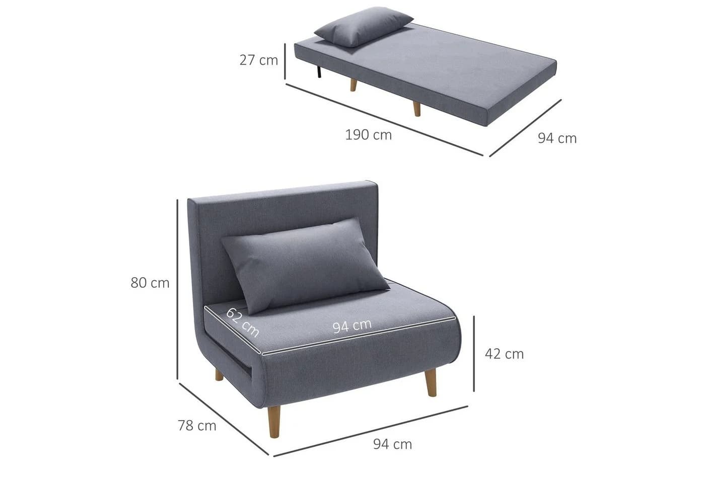 HOMCOM Sessel mit Bettfunktion und verstellbarer Lehne Grau - Bild 3