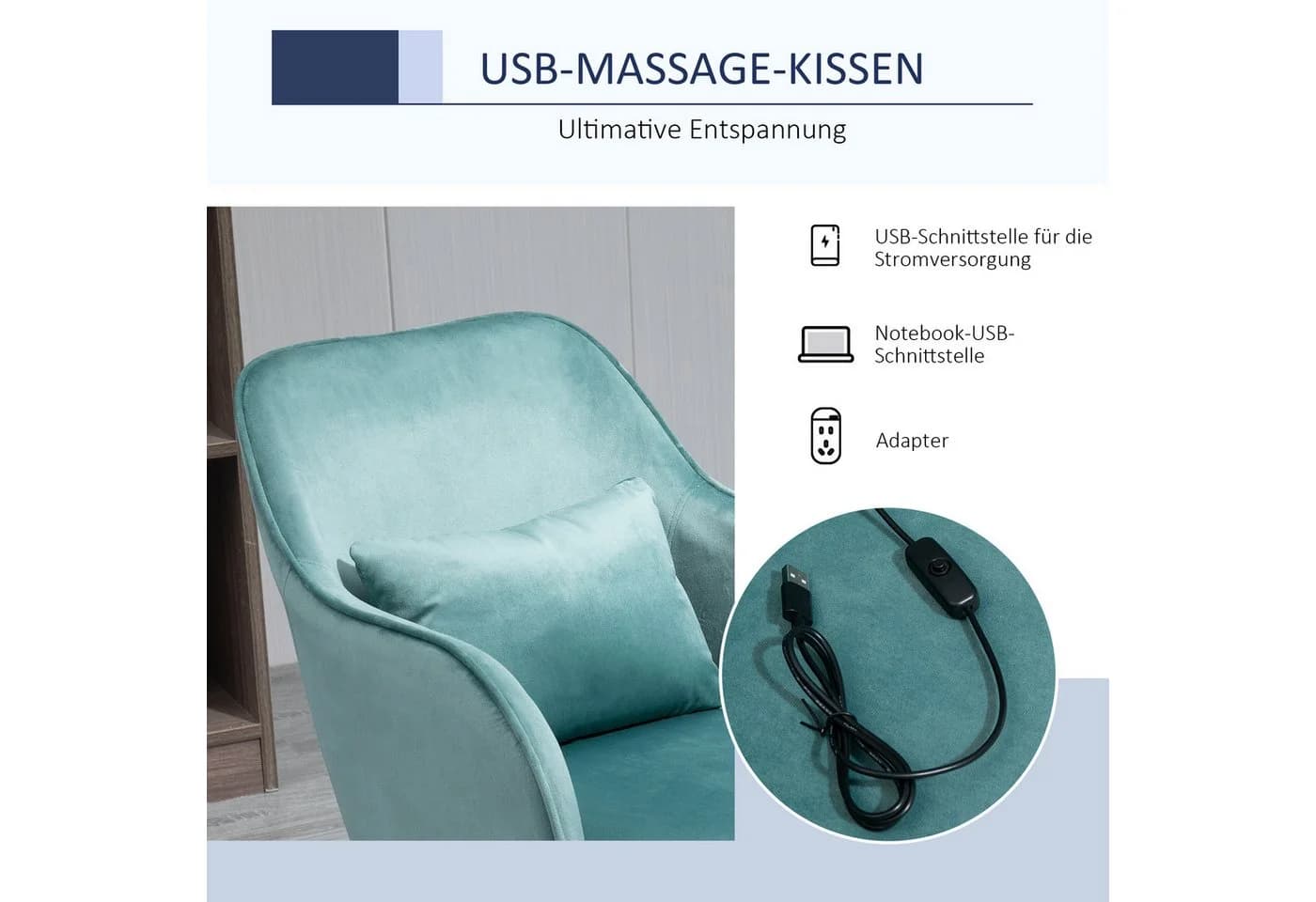 Vinsetto Massage-Bürostuhl Grün mit Vibrationsfunktion und USB-Anschluss - Bild 5