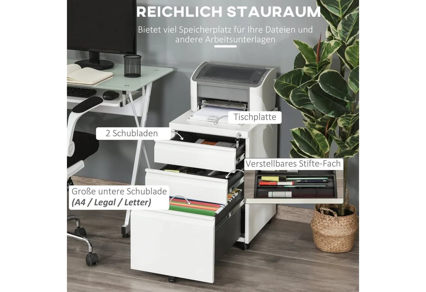 Vinsetto Rollcontainer Büroschrank 3 Schubladen Weiß - Bild 4