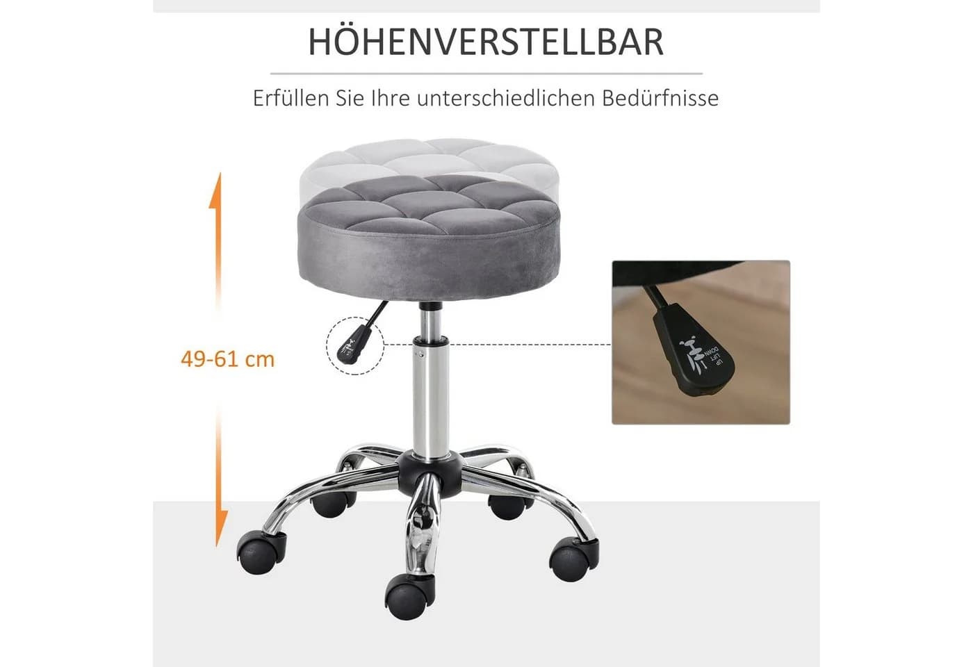 HOMCOM Rollsitz höhenverstellbarer Salonstuhl mit Rädern, Hellgrau - Bild 4