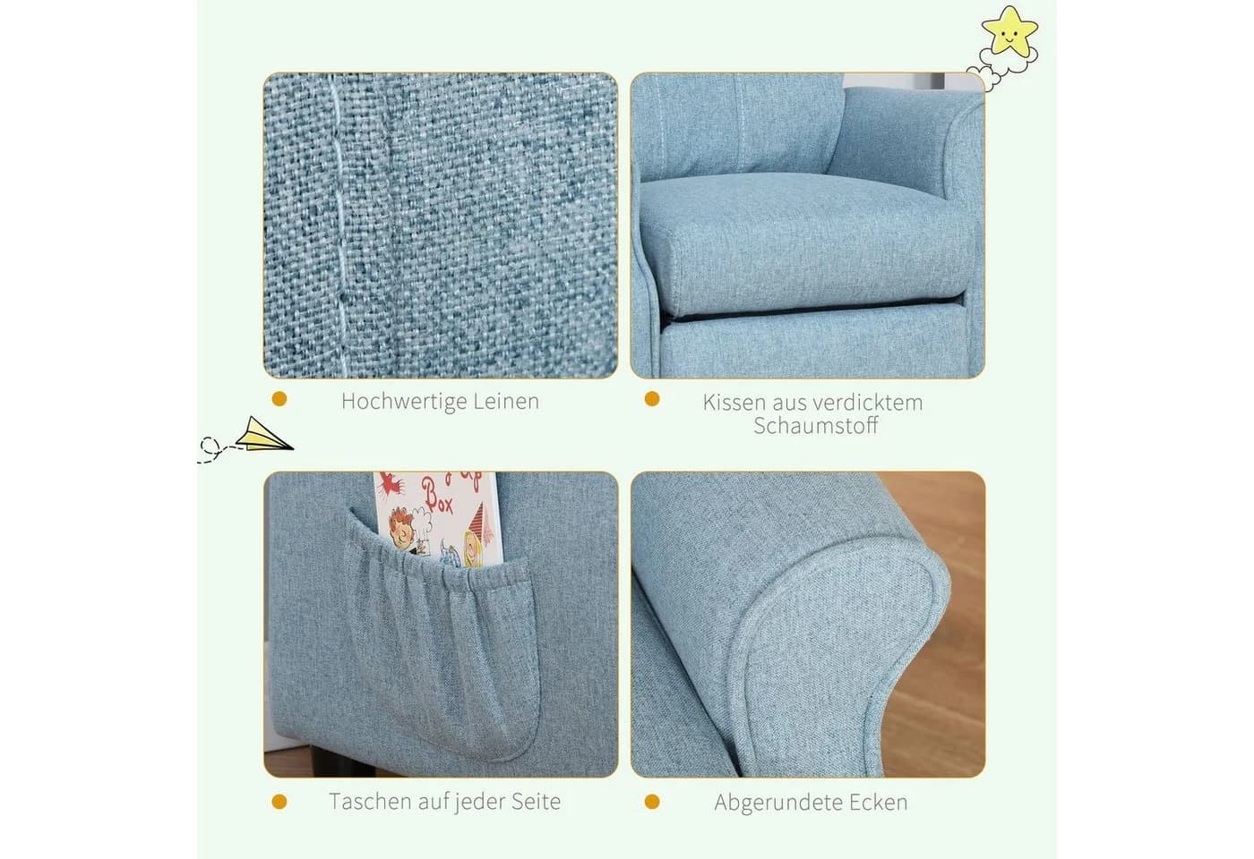 HOMCOM Kindersessel mit Fußstütze Blau Leinen - Bild 5