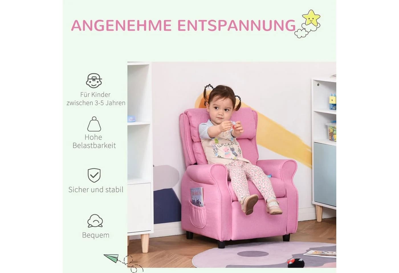 HOMCOM Kindersessel Rosa Verstellbar mit Seitentaschen - Bild 4
