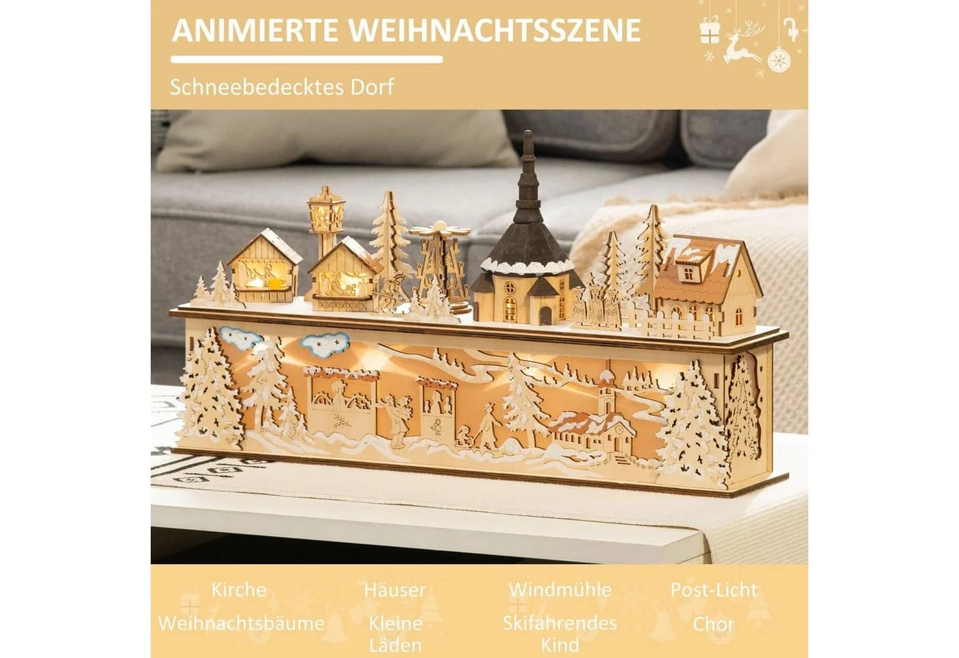 HOMCOM Weihnachtsdorf mit LED-Beleuchtung, Sperrholz, Beige - Bild 4