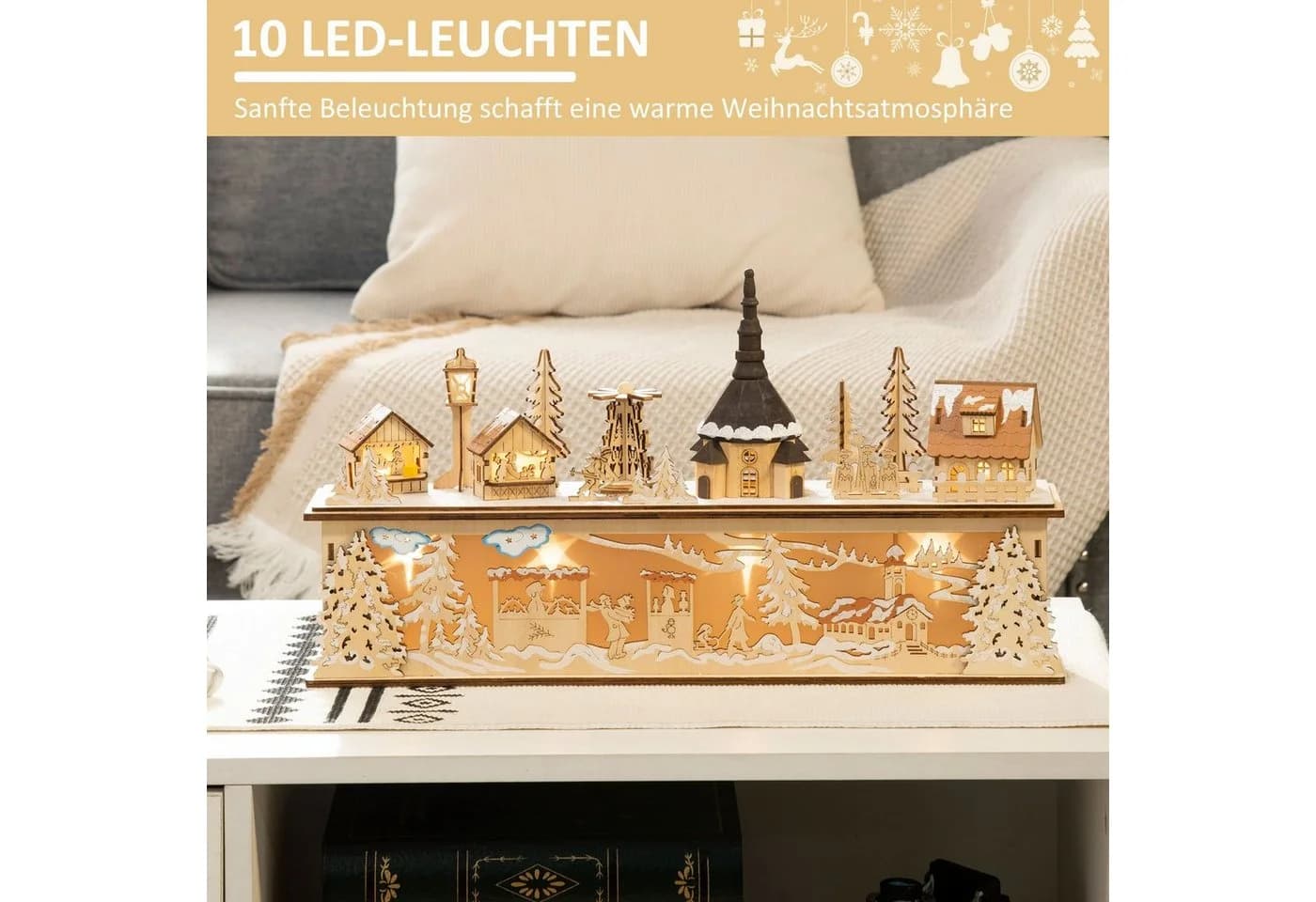HOMCOM Weihnachtsdorf mit LED-Beleuchtung, Sperrholz, Beige - Bild 5