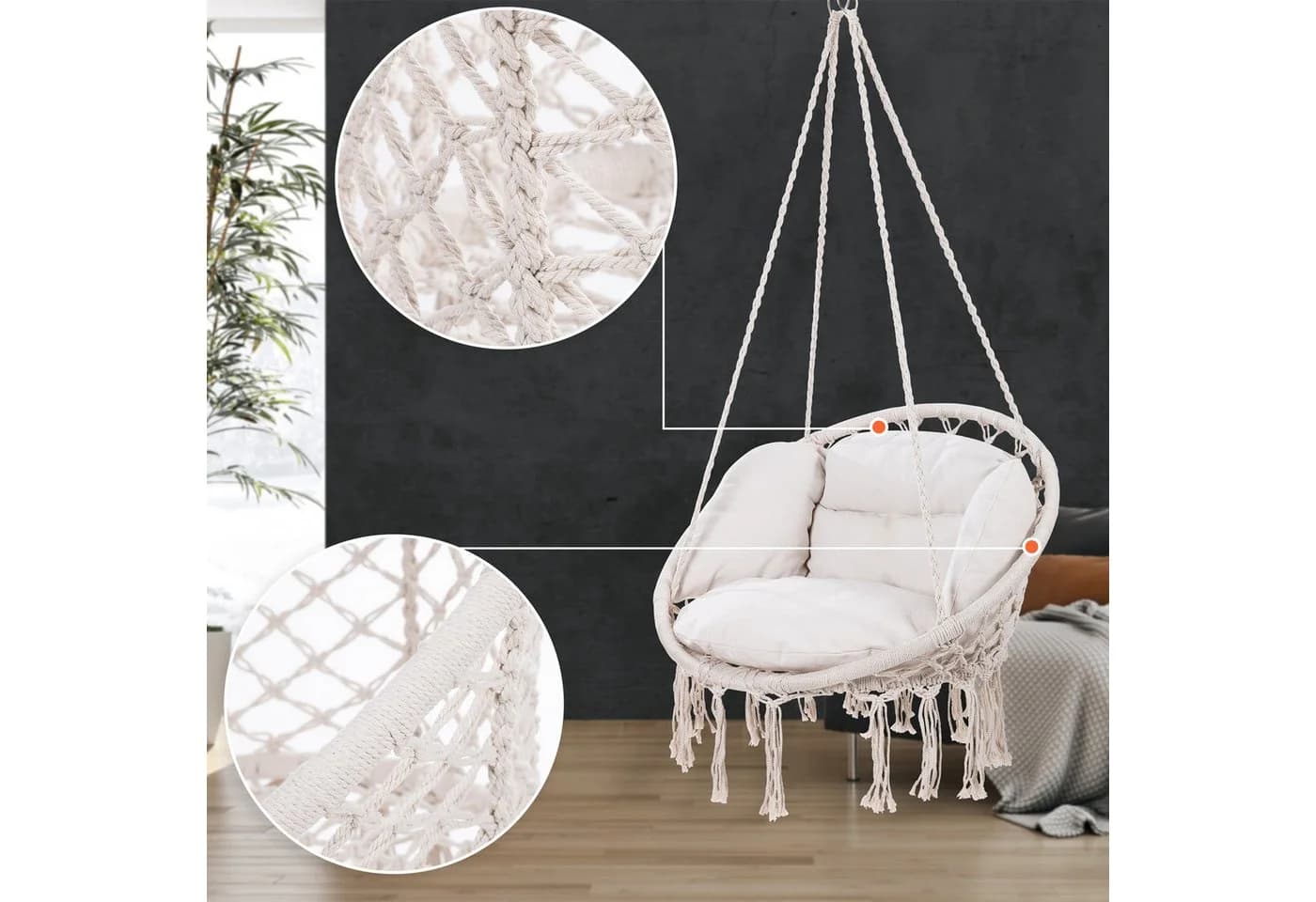Detex Hängesessel 150kg belastbar weiche Kissen Boho-Design - Bild 3