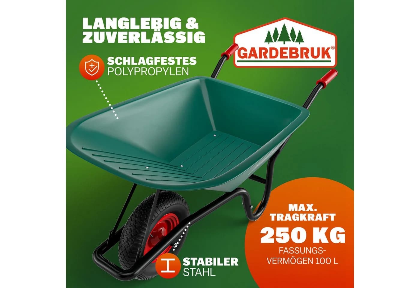 Gardebruk Schubkarre 100L Grün Schwarz Luftbereifung 250kg Tragkraft