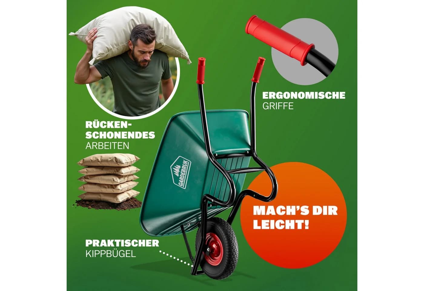 Gardebruk Schubkarre 100L Grün Schwarz Luftbereifung 250kg Tragkraft - Bild 3