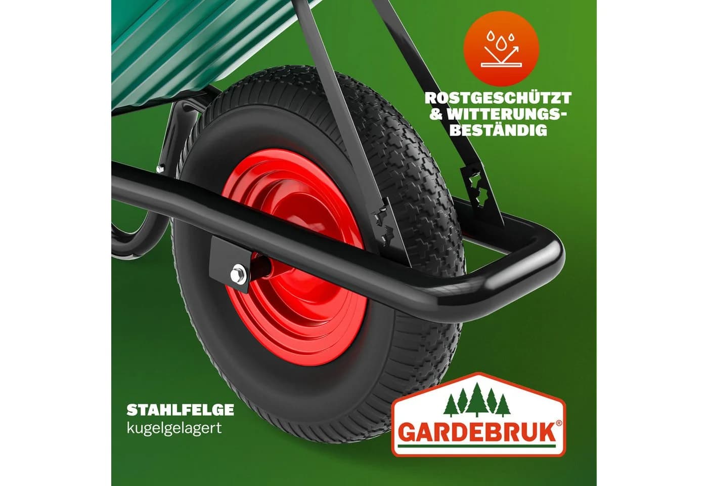Gardebruk Schubkarre 100L Grün Schwarz Luftbereifung 250kg Tragkraft - Bild 5