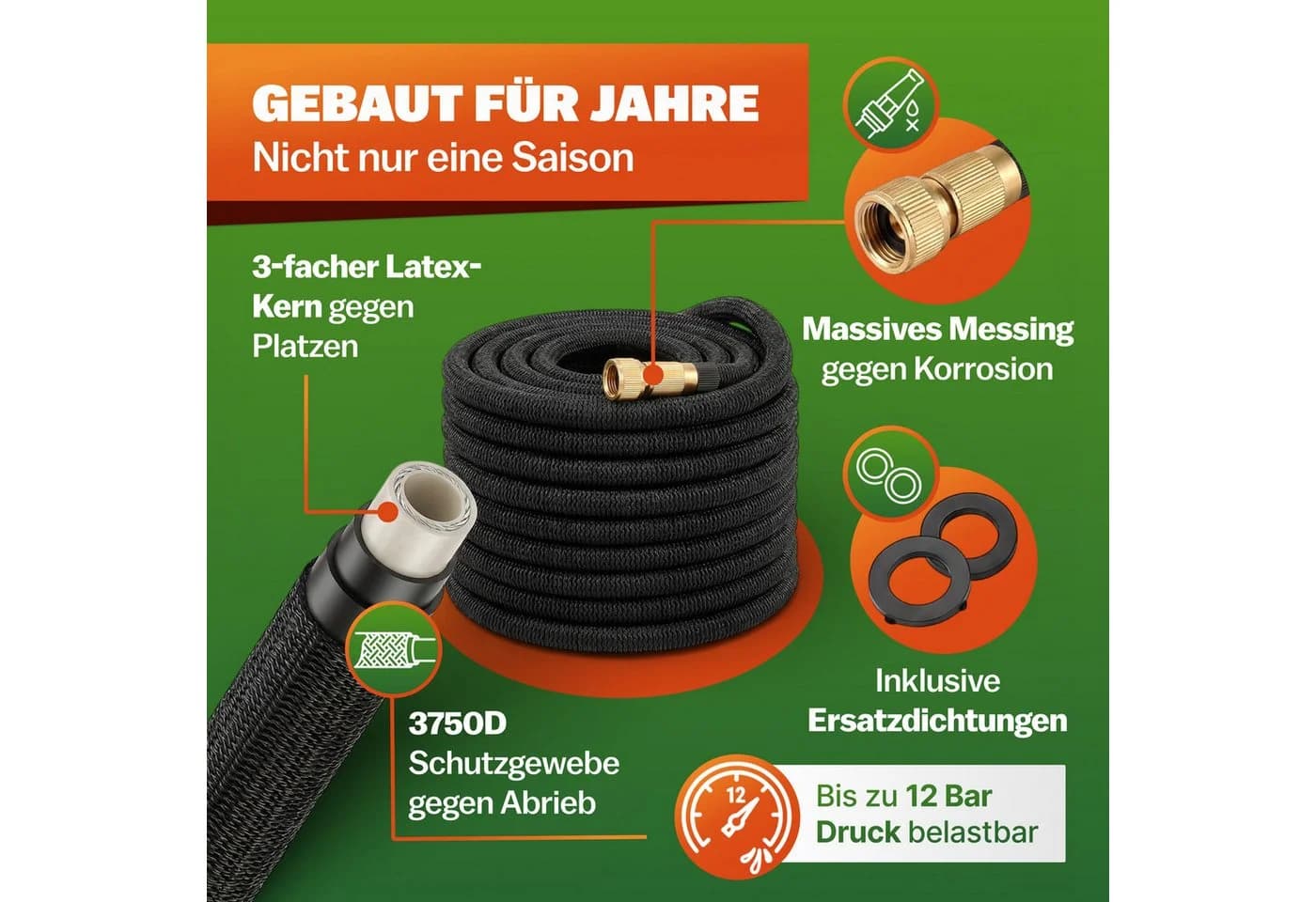 Gardebruk Bewässerungsschlauch Schwarz 7,5m mit Messing-Adapter - Bild 3