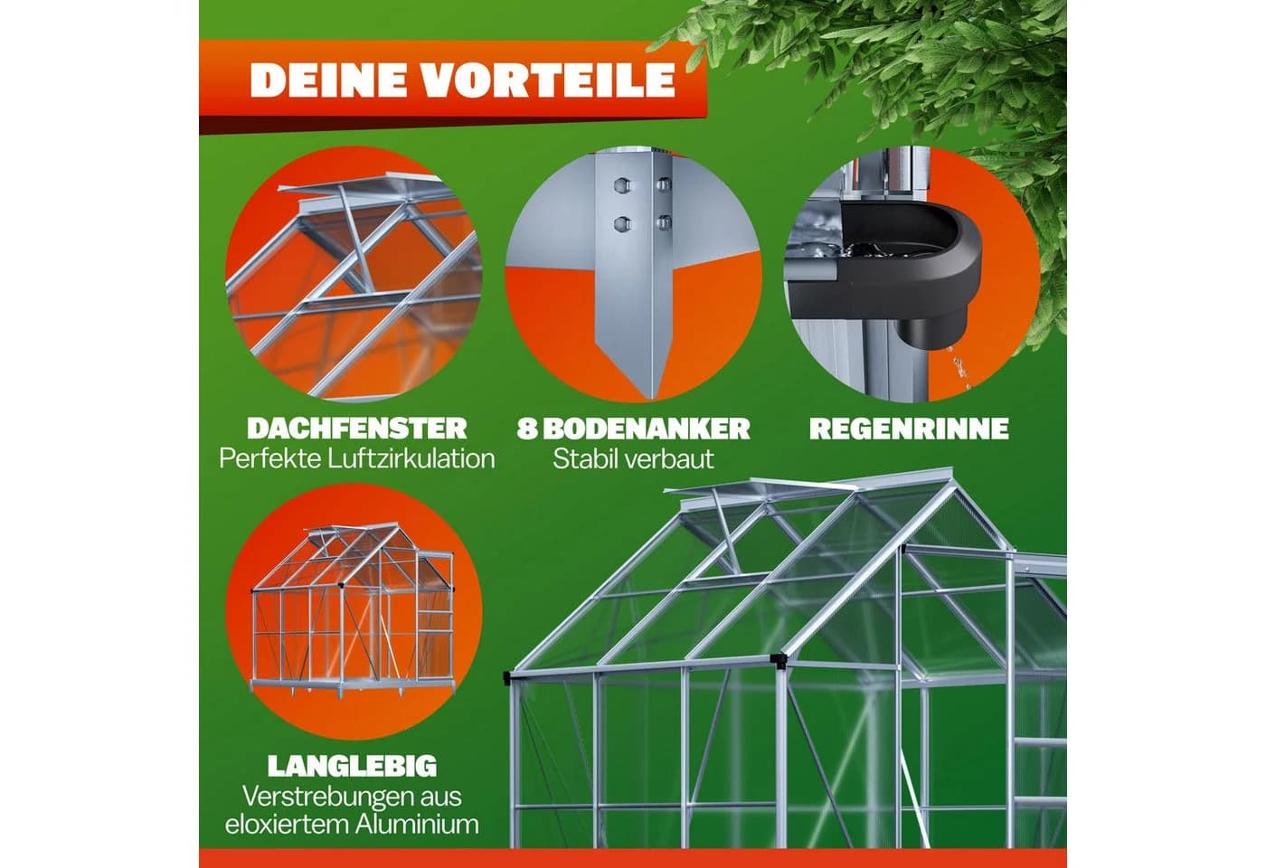 Gardebruk Gewächshaus Aluminium 3,6m² mit Fundament & Dachfenster