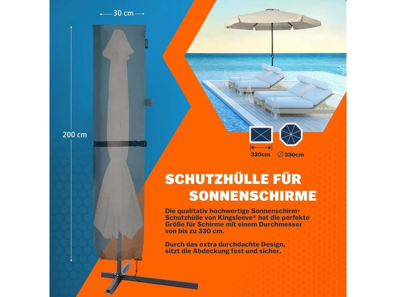 Kingsleeve Sonnenschirm-Schutzhülle Grau Wetterfest mit Teleskopstab
