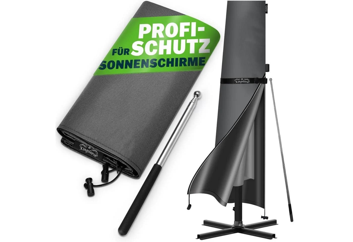 Kingsleeve Sonnenschirm-Schutzhülle Grau Wetterfest mit Teleskopstab - Bild 2