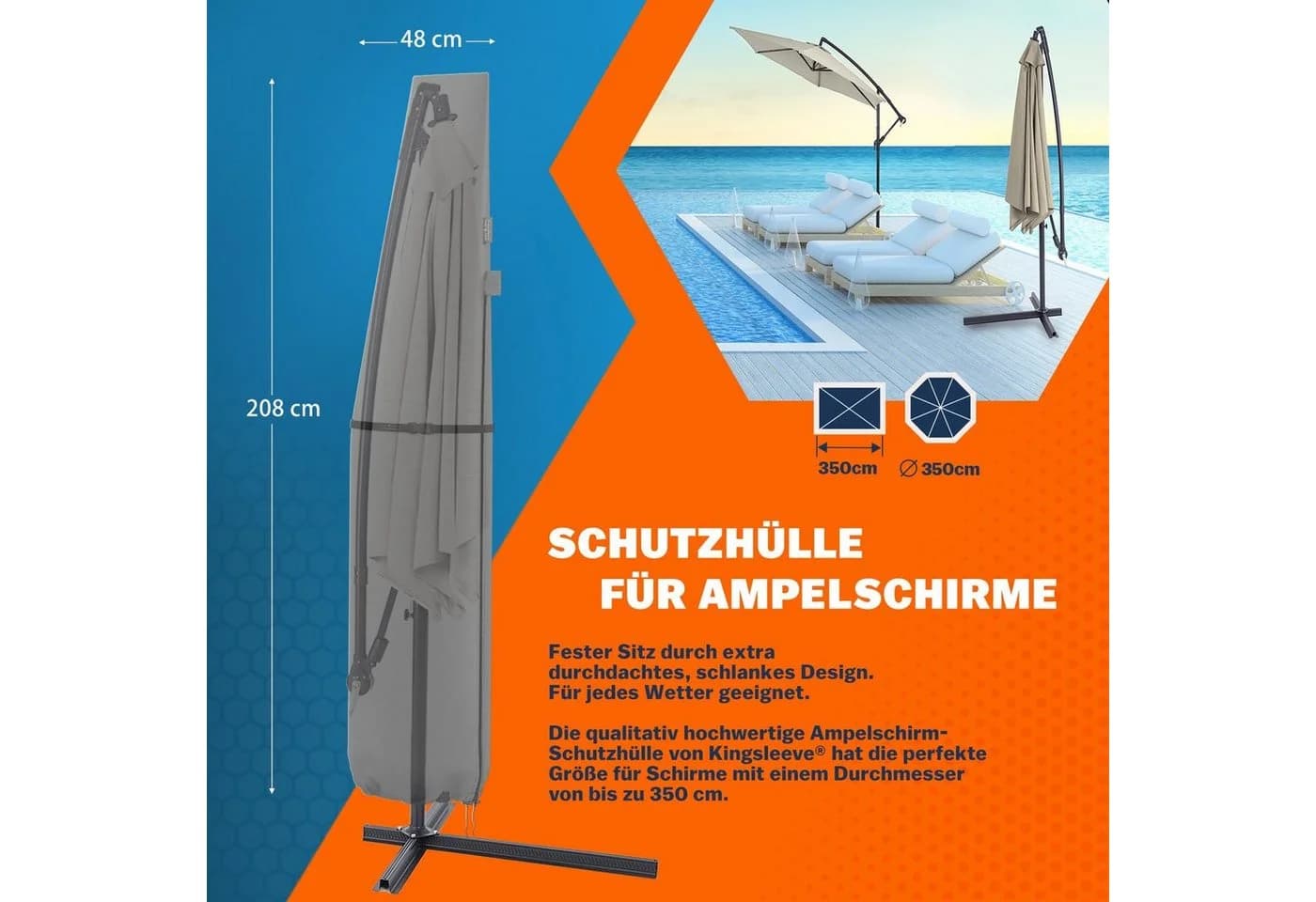 Kingsleeve Sonnenschirm-Schutzhülle Grau für Ampelschirme bis 350 cm