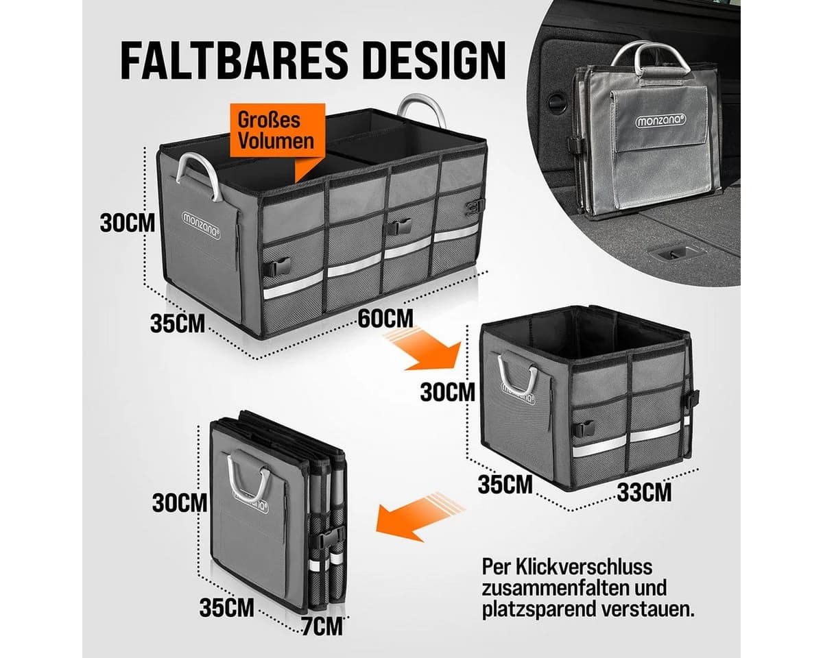 monzana Kofferraumtasche Grau Schwarz 68L mit Trennwänden