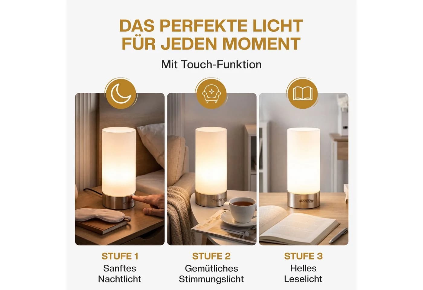 monzana Nachttischlampe 2er Set LED Touch Dimmbar Satin Nickel - Bild 3