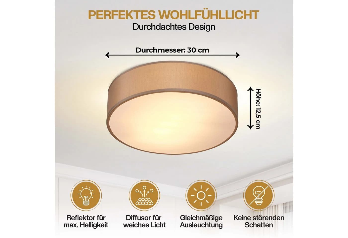 monzana Stoffdeckenlampe Taupe 30 cm E27 Modern - Bild 4