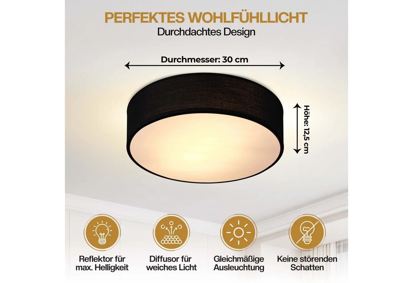 monzana Deckenleuchte Stoff Schwarz E27 Modern Rund - Bild 4