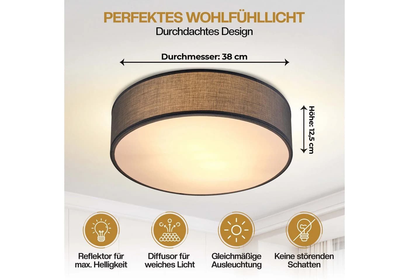 monzana Stoffdeckenleuchte Grau 38 cm Modern E27 2-flammig - Bild 4